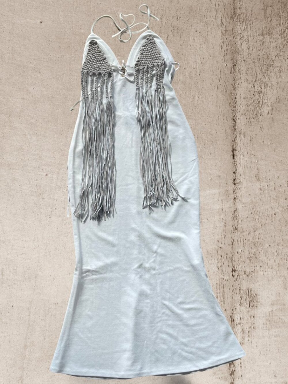 NWOT Roberta Scarpa White Halter Bodycon Dress w/ Detachable Leather Fringe Sz 8